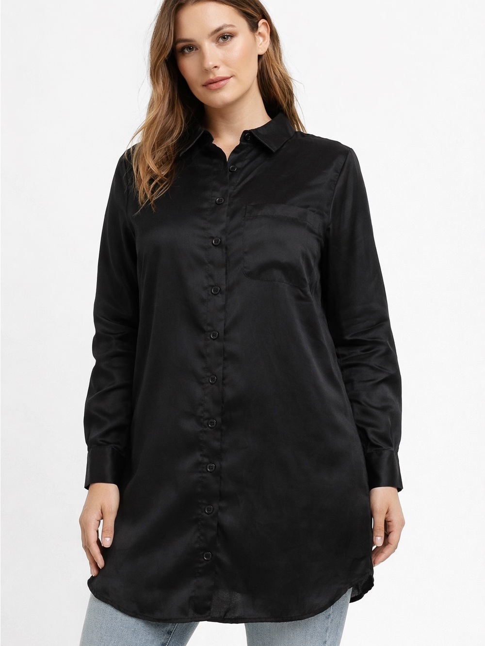 Black Satin Button-Front Longline Shirt - Women's